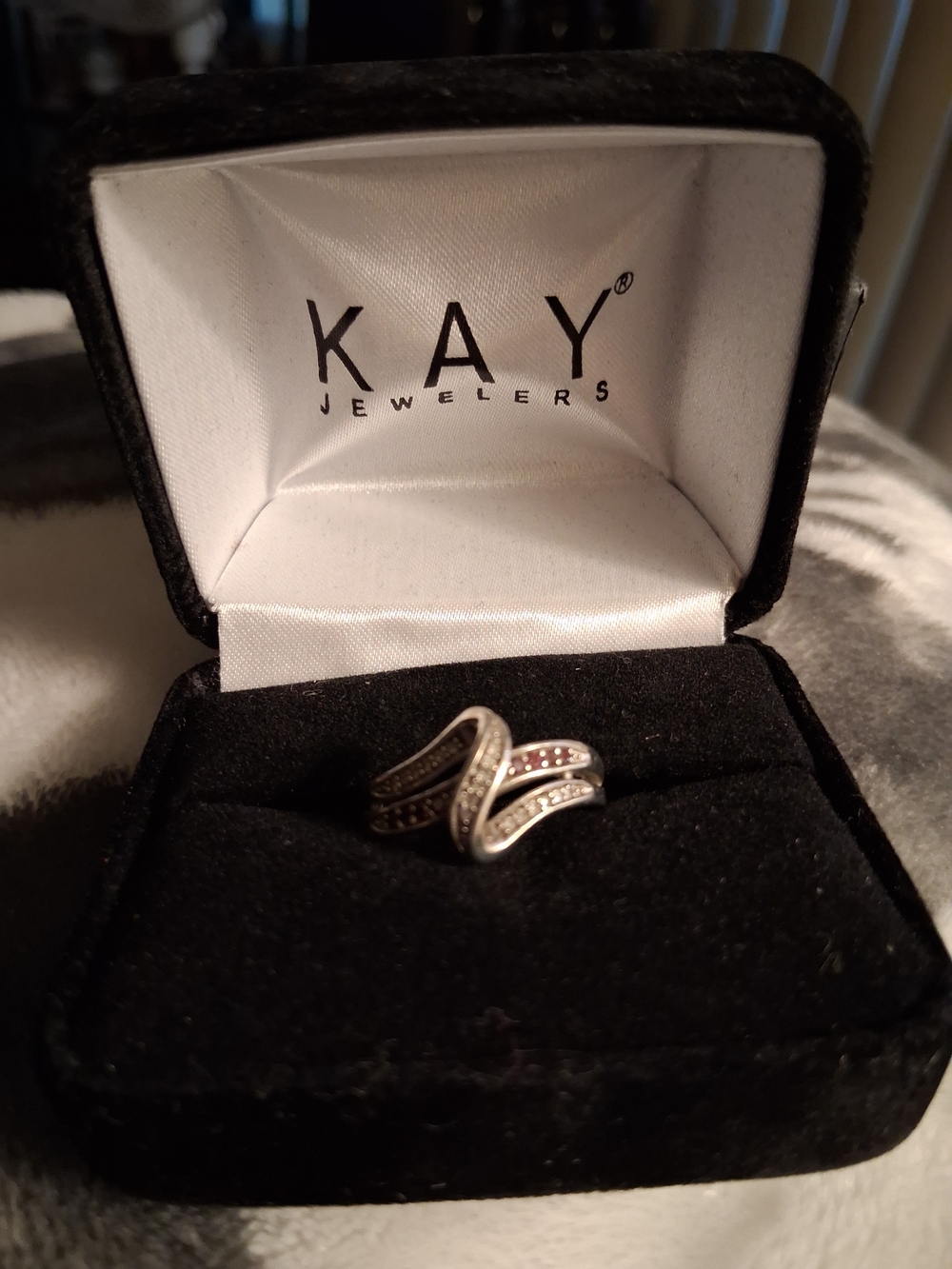 Kay Jewelers Silver Wave Ring with Purple and White Accents
